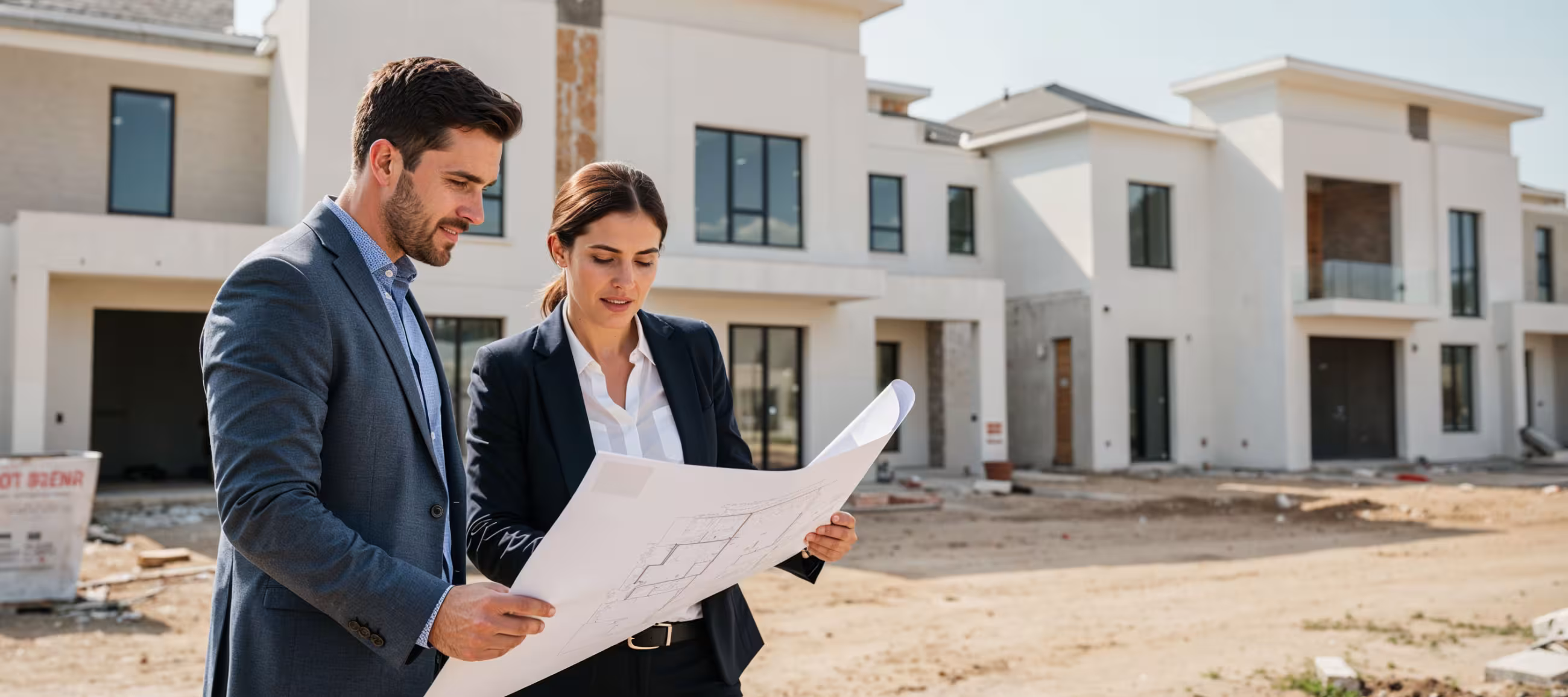 Two people looking over plans