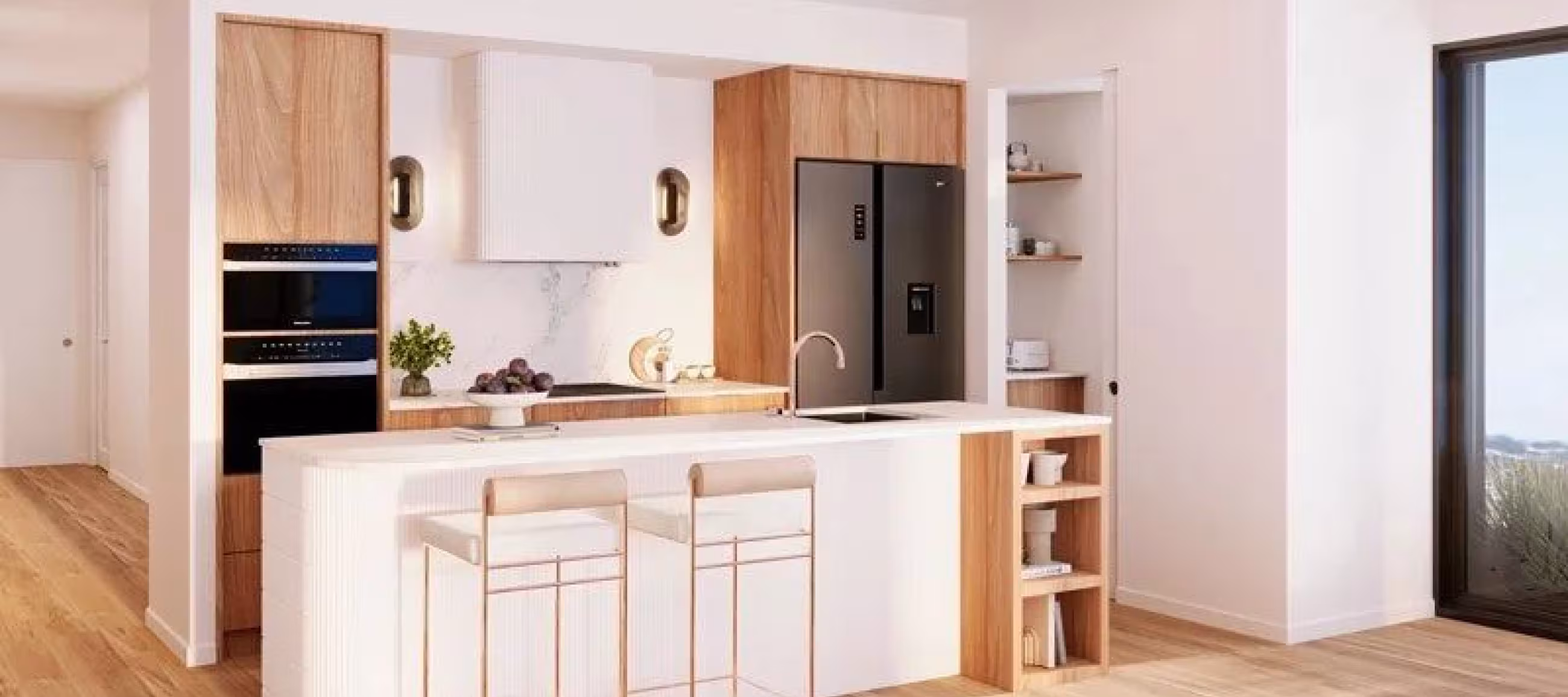 The Kitchen and there are stool and wooden floors