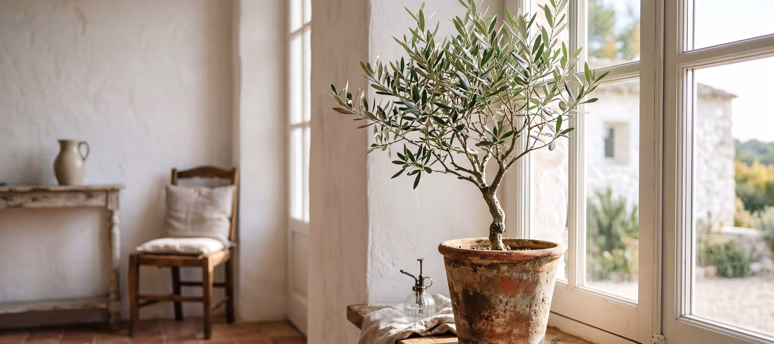 olive tree on a bench and also it's in a room